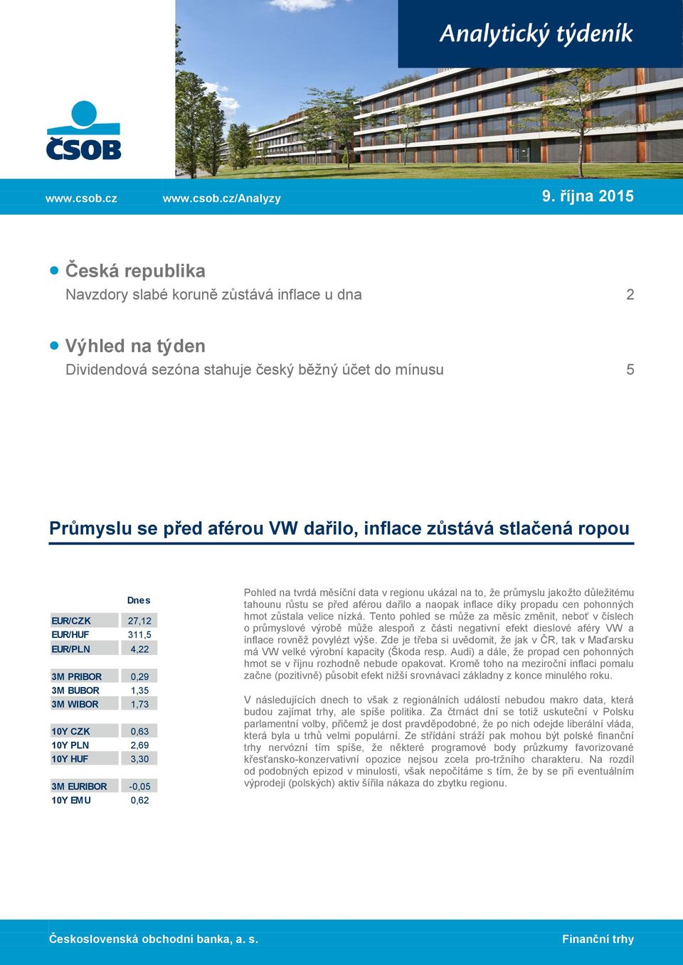 stlačená ropou Dnes EUR/CZK 27,12 EUR/HUF 311,5 EUR/PLN 4,22 3M PRIBOR 0,29 3M BUBOR 1,35 3M WIBOR 1,73 10Y CZK 0,63 10Y PLN 2,69 10Y HUF 3,30 3M EURIBOR -0,05 10Y EMU 0,62 Pohled na tvrdá měsíční