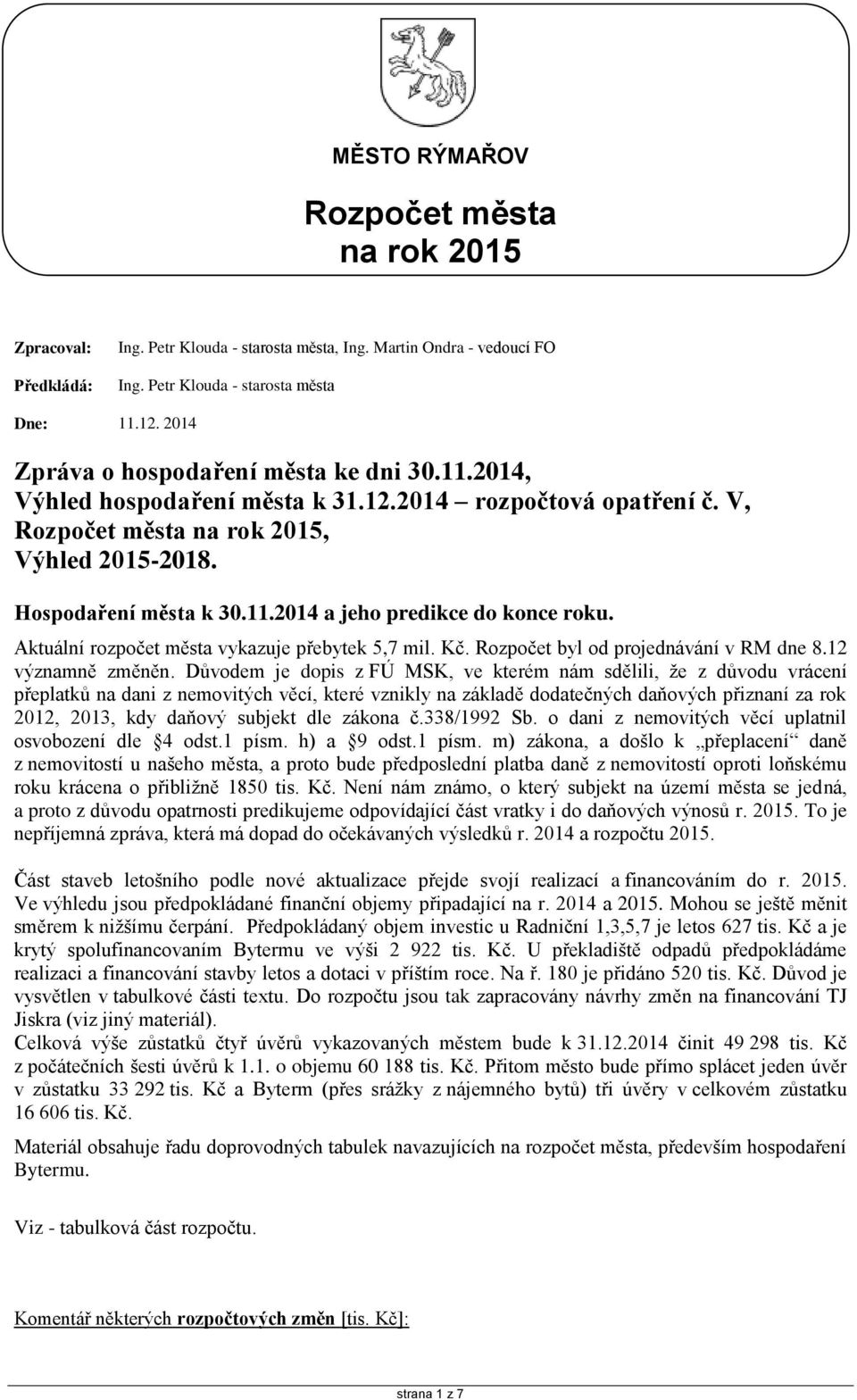 Aktuální města vykazuje přebytek 5,7 mil. Kč. Rozpočet byl od projednávání v RM dne 8.12 významně změněn.