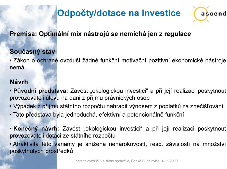 státního rozpočtu nahradit výnosem z poplatků za znečišťování Tato představa byla jednoduchá, efektivní a potencionálně funkční Konečný návrh: Zavést ekologickou investici