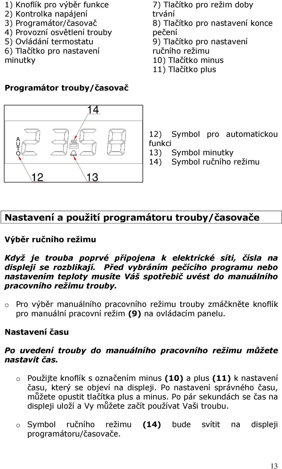 Symbol ručního režimu Nastavení a použití programátoru trouby/časovače Výběr ručního režimu Když je trouba poprvé připojena k elektrické síti, čísla na displeji se rozblikají.