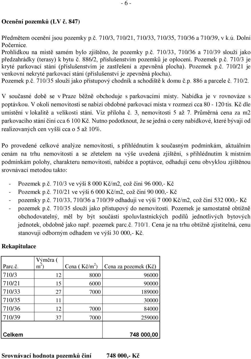 Pozemek p.č. 710/35 slouží jako přístupový chodník a schodiště k domu č.p. 886 a parcele č. 710/2. V současné době se v Praze běžně obchoduje s parkovacími místy. Nabídka je v rovnováze s poptávkou.