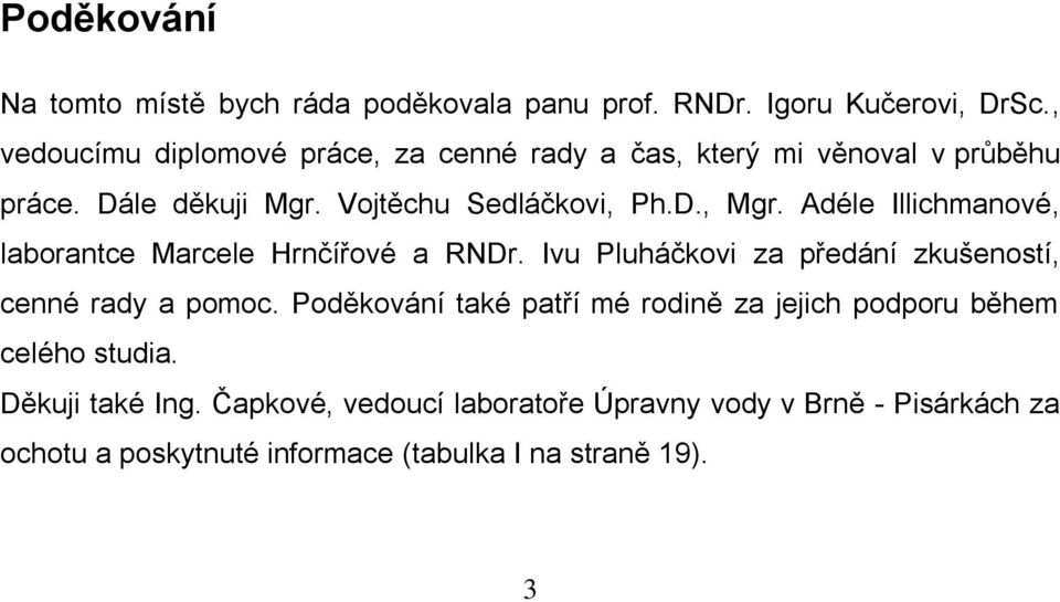 Adéle Illichmanové, laborantce Marcele Hrnčířové a RNDr. Ivu Pluháčkovi za předání zkušeností, cenné rady a pomoc.