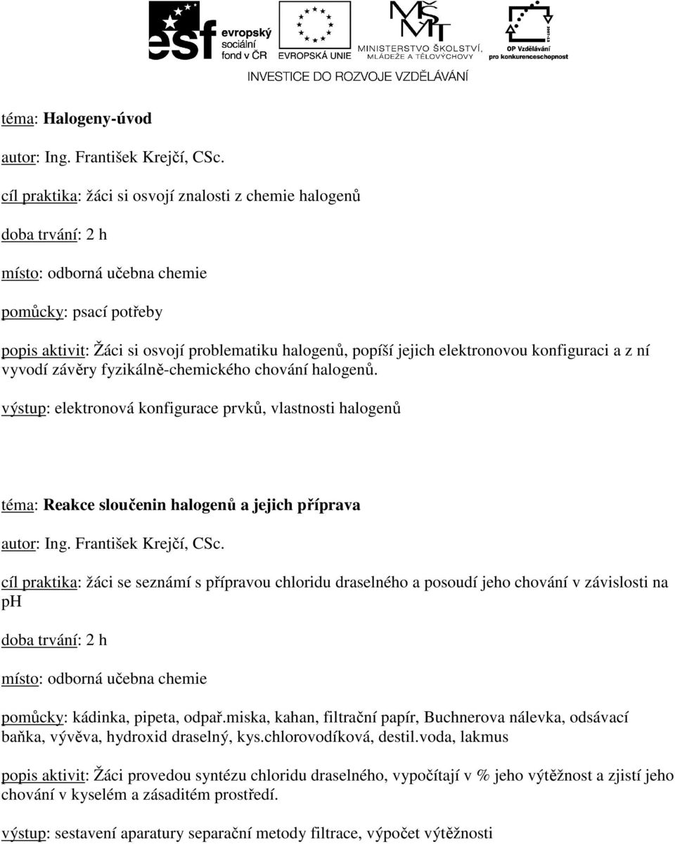 výstup: elektronová konfigurace prvků, vlastnosti halogenů téma: Reakce sloučenin halogenů a jejich příprava cíl praktika: žáci se seznámí s přípravou chloridu draselného a posoudí jeho chování v