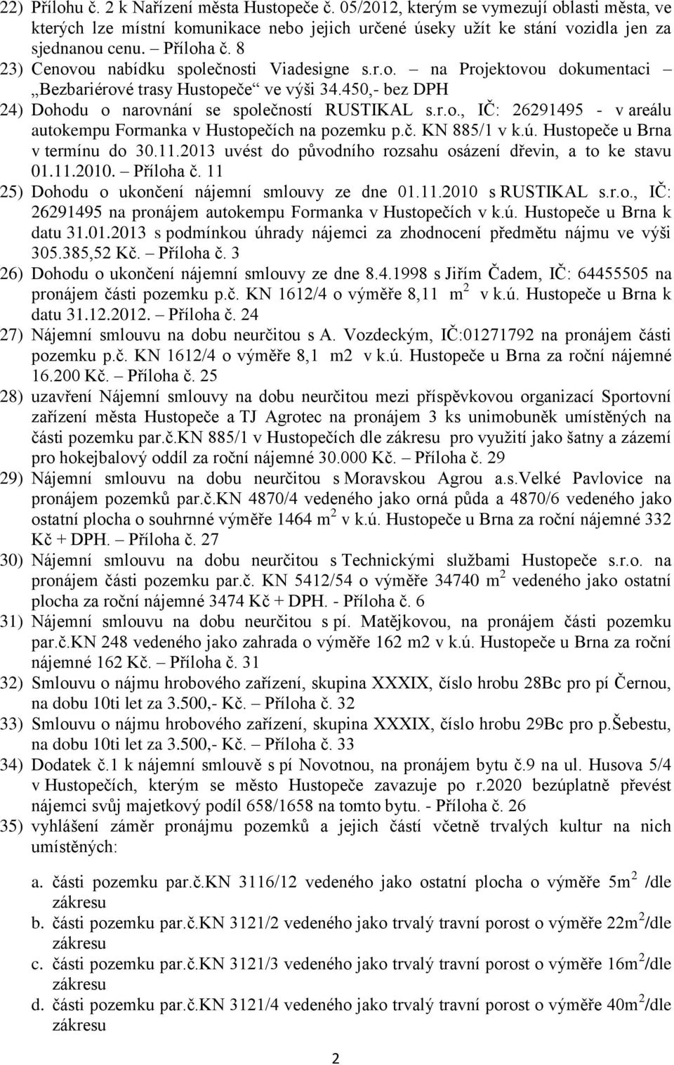 č. KN 885/1 v k.ú. Hustopeče u Brna v termínu do 30.11.2013 uvést do původního rozsahu osázení dřevin, a to ke stavu 01.11.2010. Příloha č. 11 25) Dohodu o ukončení nájemní smlouvy ze dne 01.11.2010 s RUSTIKAL s.