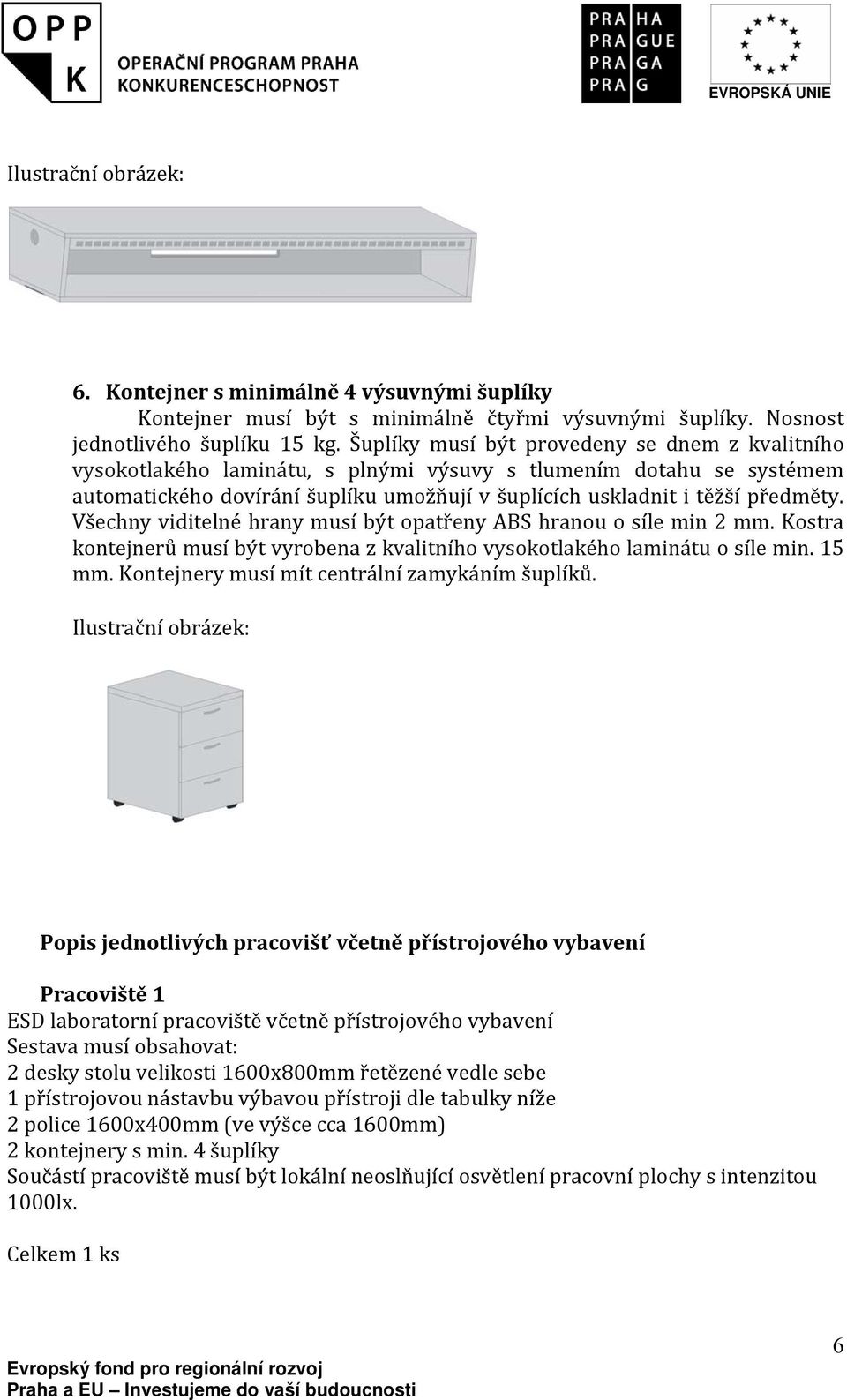 Všechny viditelné hrany musí být opatřeny ABS hru o síle min 2 mm. Kostra kontejnerů musí být vyrobena z kvalitního vysokotlakého laminátu o síle min. 15 mm.