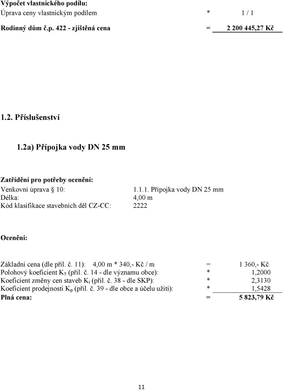 : 1.1.1. Přípojka vody DN 25 mm Délka: 4,00 m Kód klasifikace stavebních děl CZ-CC: 2222 Ocenění: Základní cena (dle příl. č.