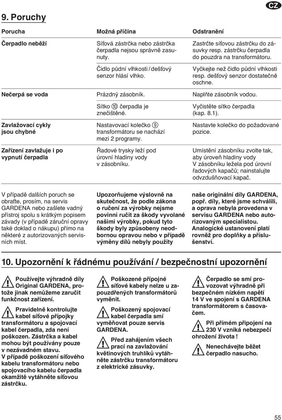 Naplňte zásobník vodou. Sítko 0 čerpadla je Vyčistěte sítko čerpadla znečištěné. (kap. 8.1).