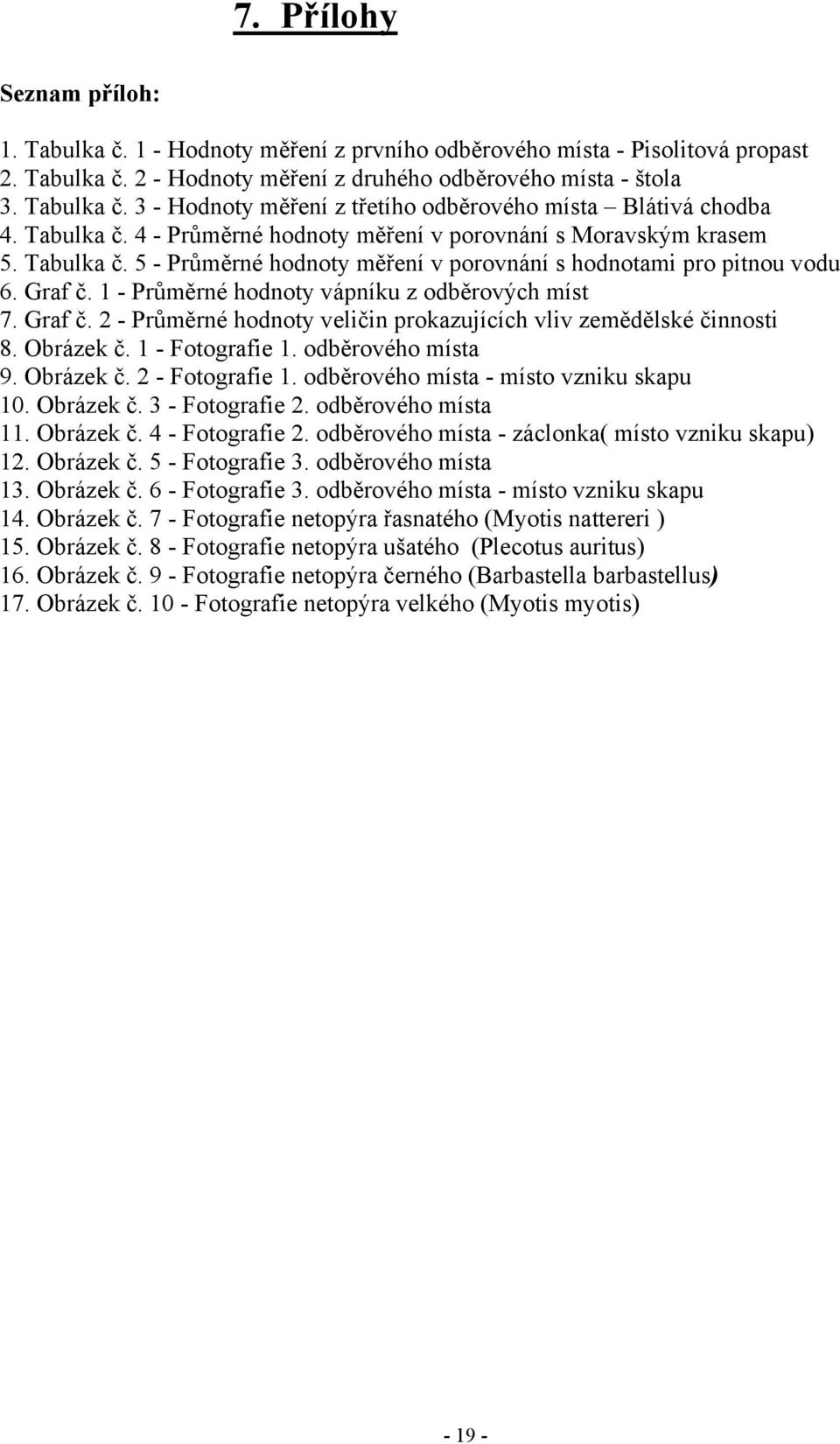 1 - Průměrné hodnoty vápníku z odběrových míst 7. Graf č. 2 - Průměrné hodnoty veličin prokazujících vliv zemědělské činnosti 8. Obrázek č. 1 - Fotografie 1. odběrového místa 9. Obrázek č. 2 - Fotografie 1.
