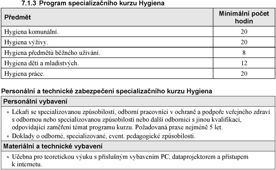 20 Personální a technické zabezpeení specializaního kurzu Hygiena Personální vybavení Lékai se specializovanou zpsobilostí, odborní pracovníci v ochran a podpoe veejného zdraví s