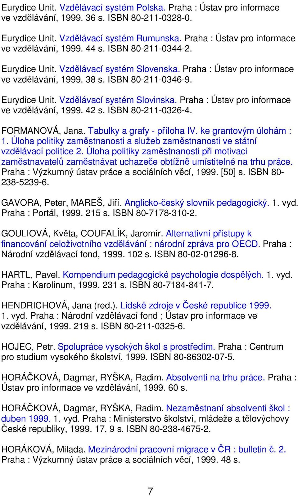 Eurydice Unit. Vzdělávací systém Slovinska. Praha : Ústav pro informace ve vzdělávání, 1999. 42 s. ISBN 80-211-0326-4. FORMANOVÁ, Jana. Tabulky a grafy - příloha IV. ke grantovým úlohám : 1.