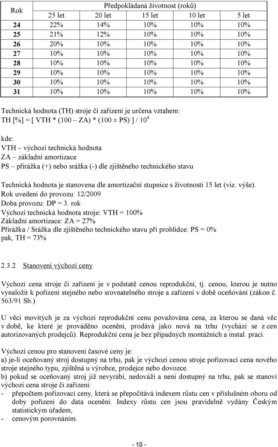 ZA základní amortizace PS přirážka (+) nebo srážka (-) dle zjištěného technického stavu Technická hodnota je stanovena dle amortizační stupnice s životností 15 let (viz. výše).