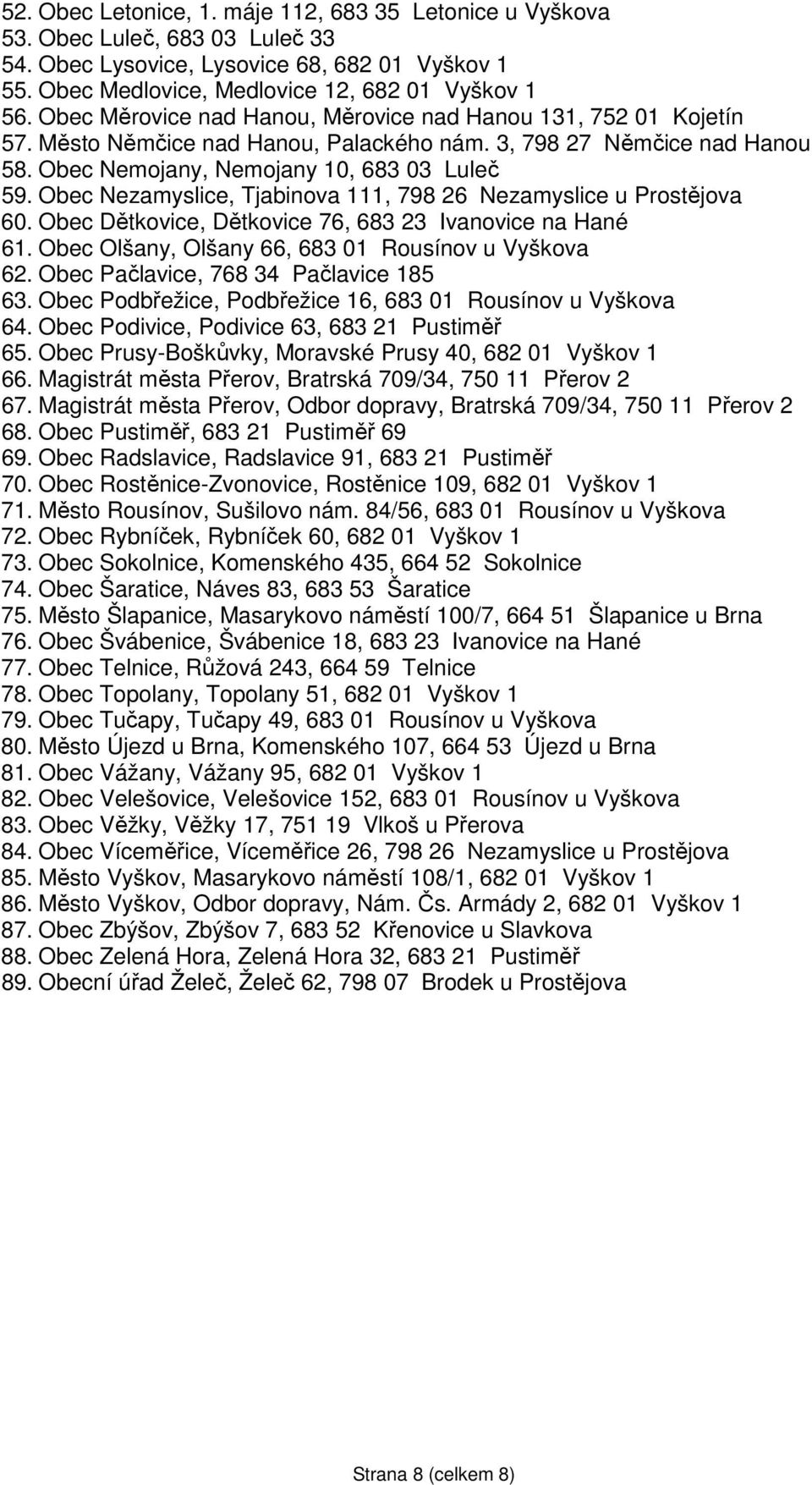 Obec Nezamyslice, Tjabinova 111, 798 26 Nezamyslice u Prostějova 60. Obec Dětkovice, Dětkovice 76, 683 23 Ivanovice na Hané 61. Obec Olšany, Olšany 66, 683 01 Rousínov u Vyškova 62.