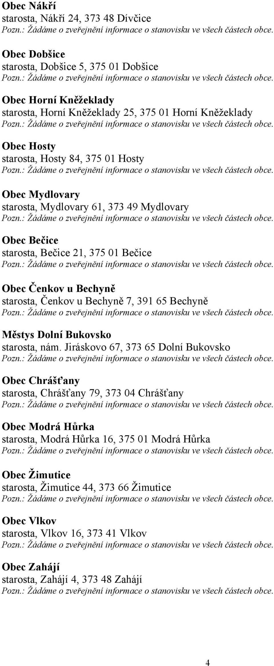 u Bechyně 7, 391 65 Bechyně Městys Dolní Bukovsko starosta, nám.