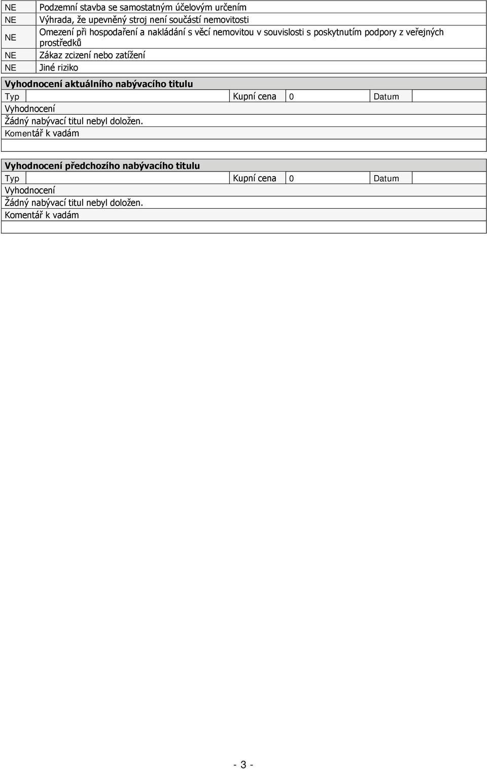 Vyhodnocení aktuálního nabývacího titulu Typ Kupní cena 0 Datum Vyhodnocení Žádný nabývací titul nebyl doložen.