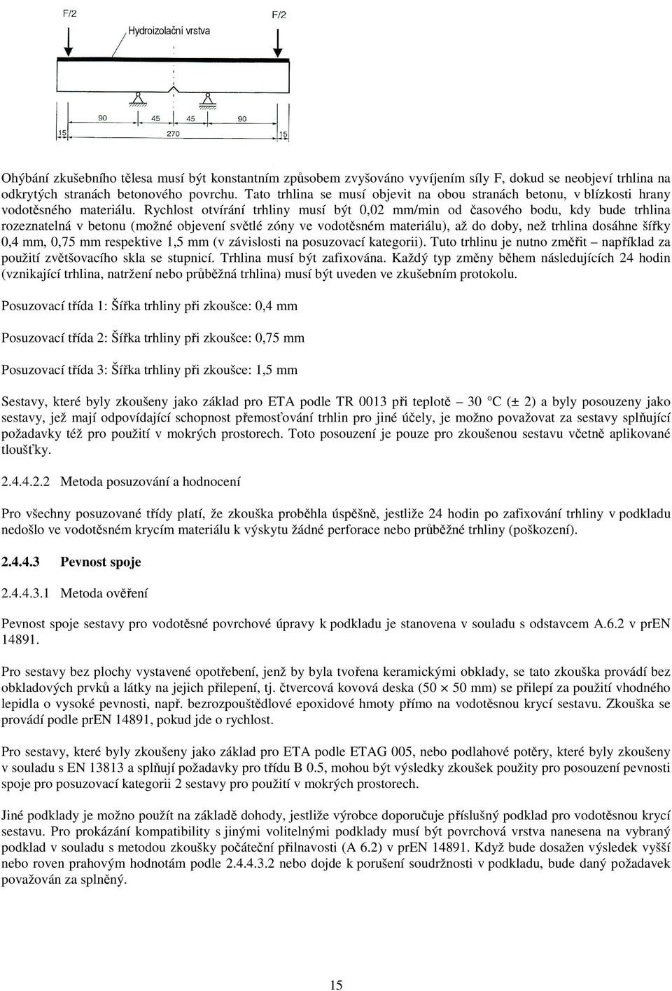 Rychlost otvírání trhliny musí být 0,02 mm/min od časového bodu, kdy bude trhlina rozeznatelná v betonu (možné objevení světlé zóny ve vodotěsném materiálu), až do doby, než trhlina dosáhne šířky 0,4