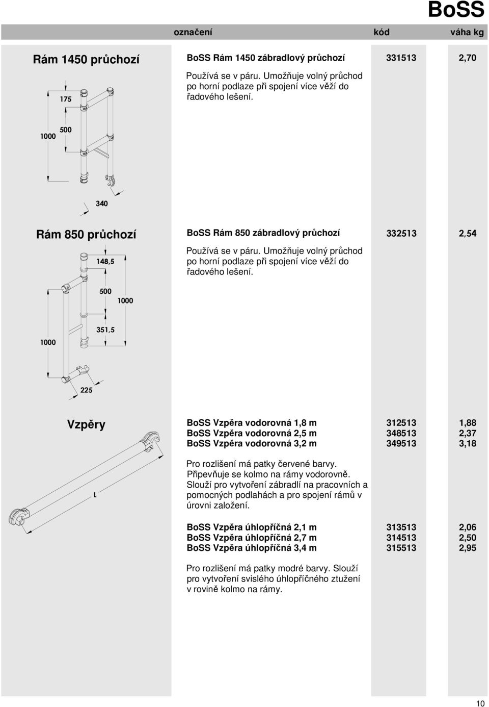 1000 1000 351,5 225 Vzpěry BoSS Vzpěra vodorovná 1,8 m BoSS Vzpěra vodorovná 2,5 m BoSS Vzpěra vodorovná 3,2 m 312513 348513 349513 1,88 2,37 3,18 L Pro rozlišení má patky červené barvy.