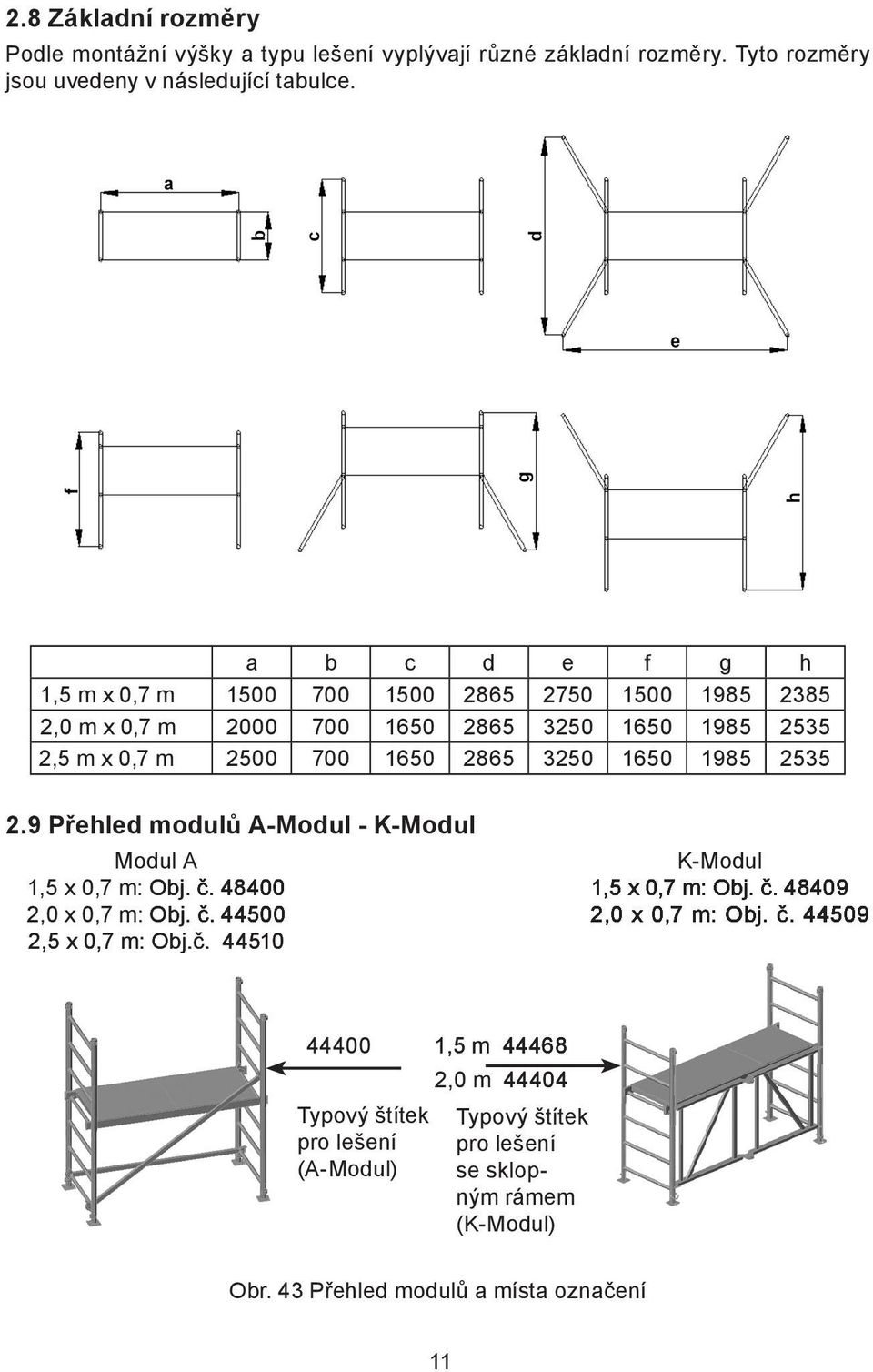 1985 2535 2.9 Přehled modulů A-Modul - K-Modul Modul A K-Modul 1,5 x 0,7 m: Obj. č. 48400 1,5 x 0,7 m: Obj. č. 48409 2,0 x 0,7 m: Obj. č. 44500 2,0 x 0,7 m: Obj. č. 44509 2,5 x 0,7 m: Obj.