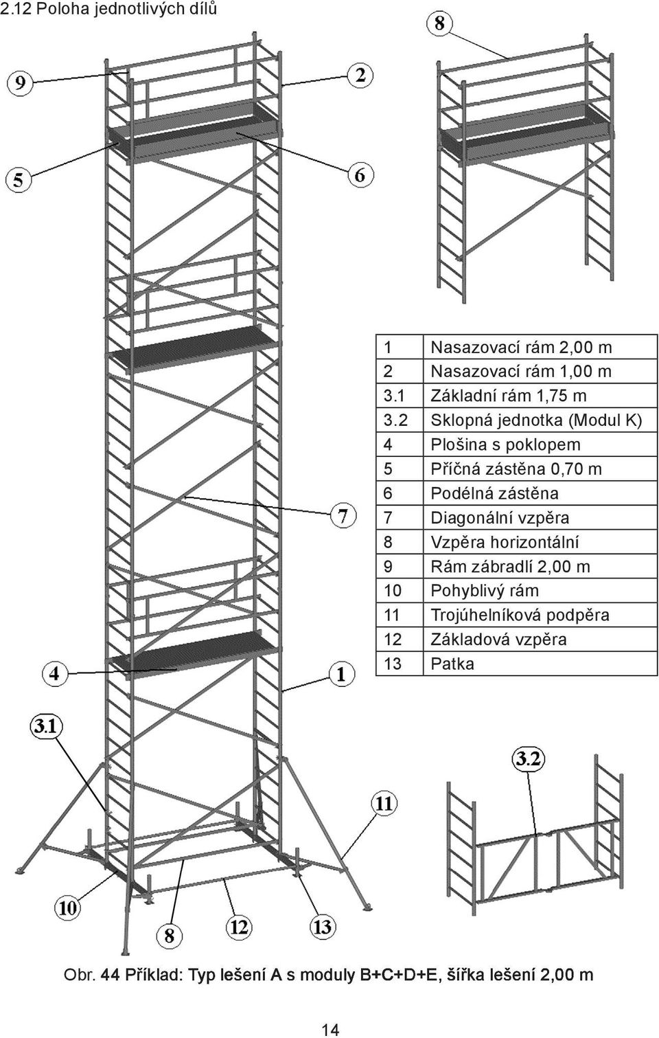 2 Sklopná jednotka (Modul K) 4 Plošina s poklopem 5 Příčná zástěna 6 Podélná zástěna 7 Diagonální