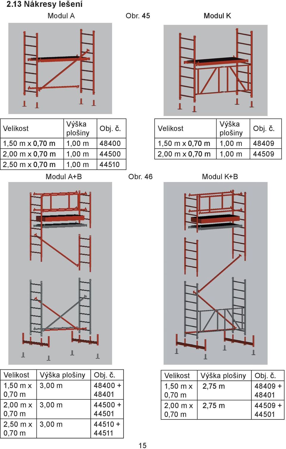 1,50 m x 1,00 m 48409 2,00 m x 1,00 m 44509 Modul A+B Obr. 46 Modul K+B Velikost Výška plošiny Obj. č.