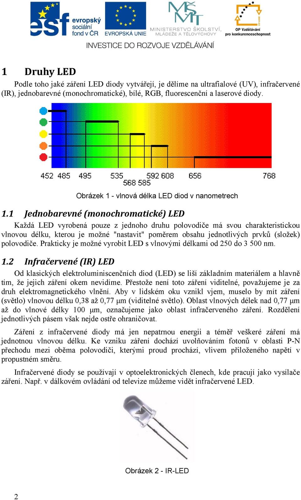 1 Jednobarevné (monochromatické) LED Každá LED vyrobená pouze z jednoho druhu polovodiče má svou charakteristickou vlnovou délku, kterou je možné "nastavit" poměrem obsahu jednotlivých prvků (složek)