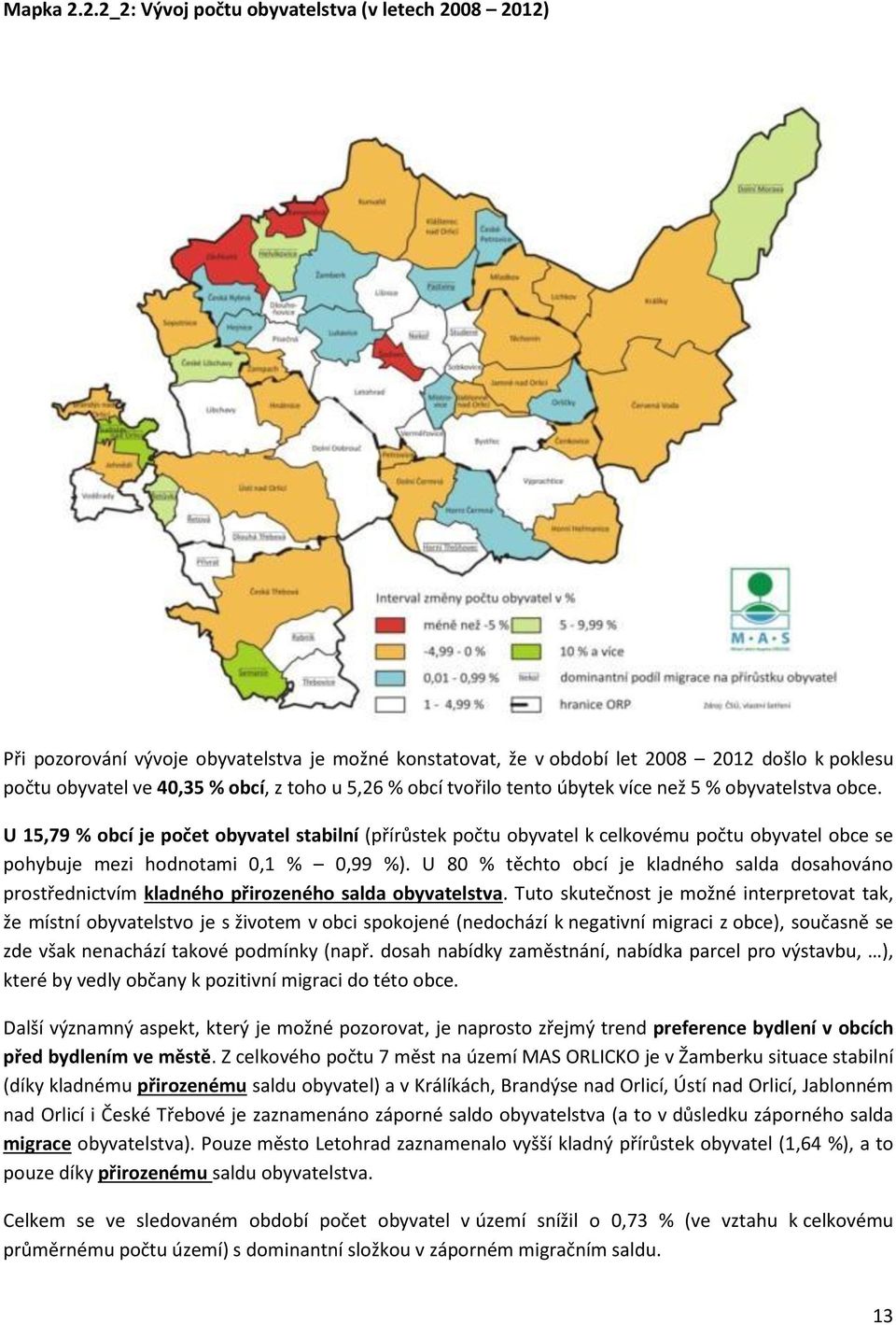 obcí tvořilo tento úbytek více než 5 % obyvatelstva obce. U 15,79 % obcí je počet obyvatel stabilní (přírůstek počtu obyvatel k celkovému počtu obyvatel obce se pohybuje mezi hodnotami 0,1 % 0,99 %).