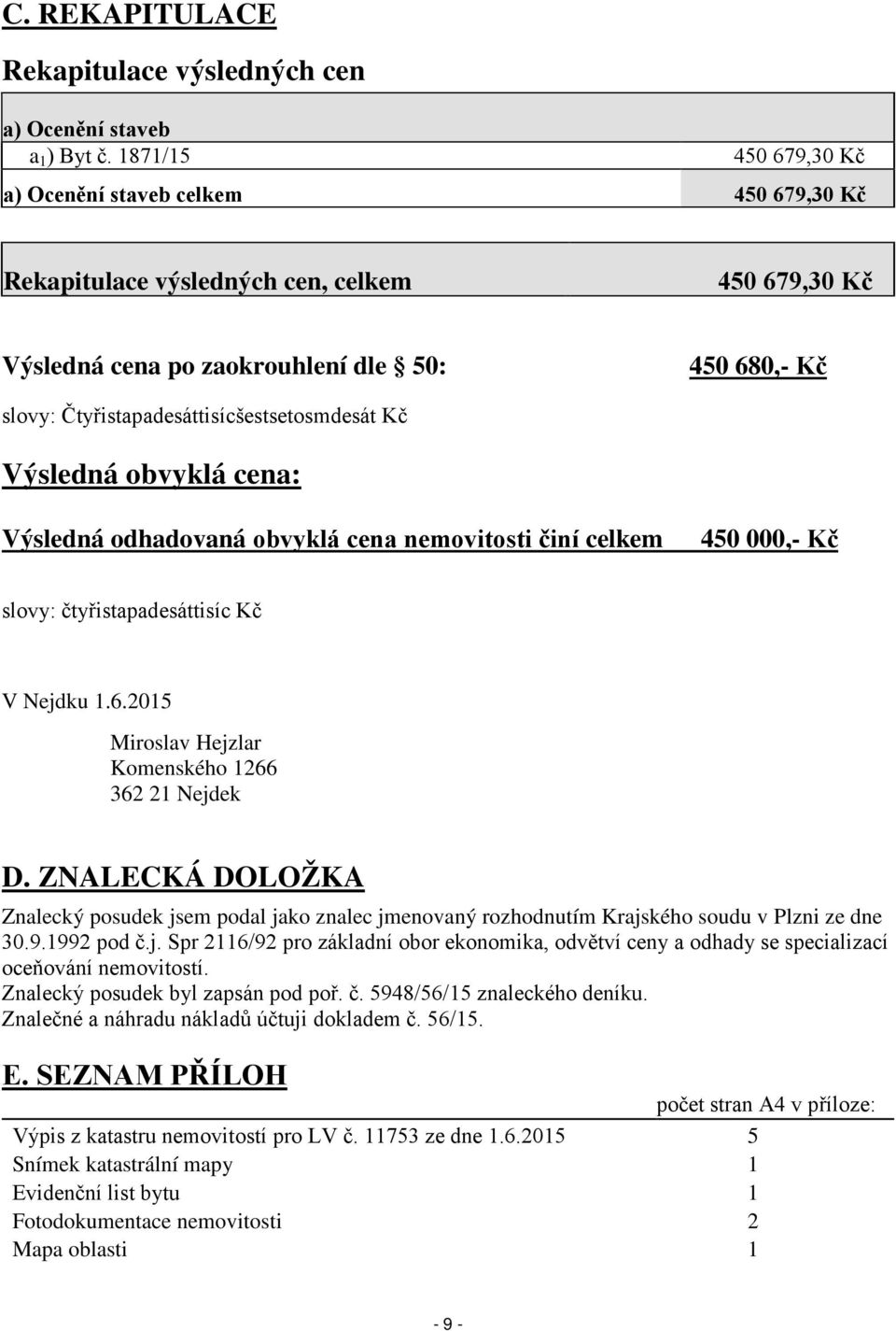 Čtyřistapadesáttisícšestsetosmdesát Kč Výsledná obvyklá cena: Výsledná odhadovaná obvyklá cena nemovitosti činí celkem 450 000,- Kč slovy: čtyřistapadesáttisíc Kč V Nejdku 1.6.