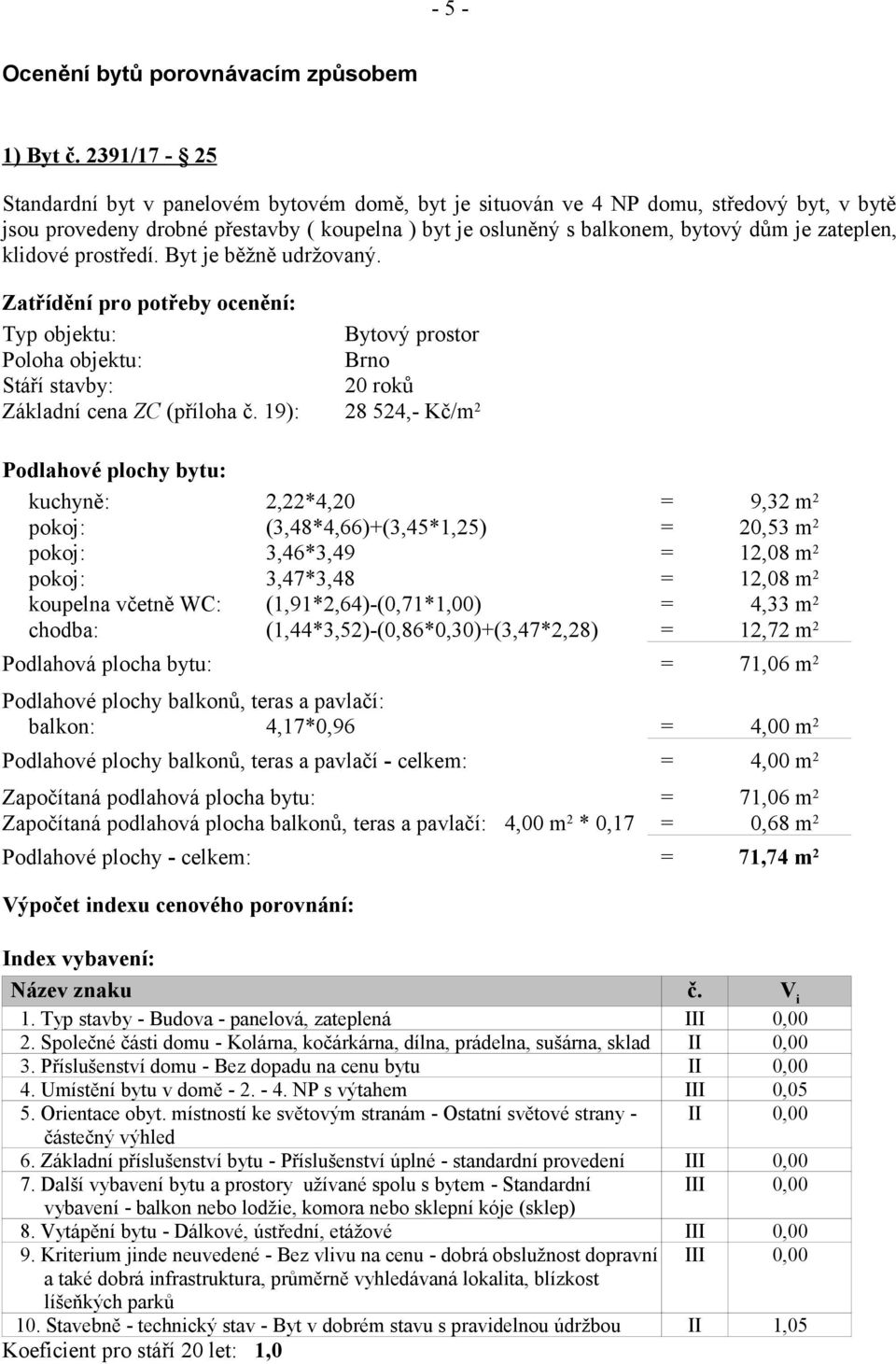 klidové prostředí. Byt je běžně udržovaný. Zatřídění pro potřeby ocenění: Typ objektu: Bytový prostor Poloha objektu: Brno Stáří stavby: 20 roků Základní cena ZC (příloha č.