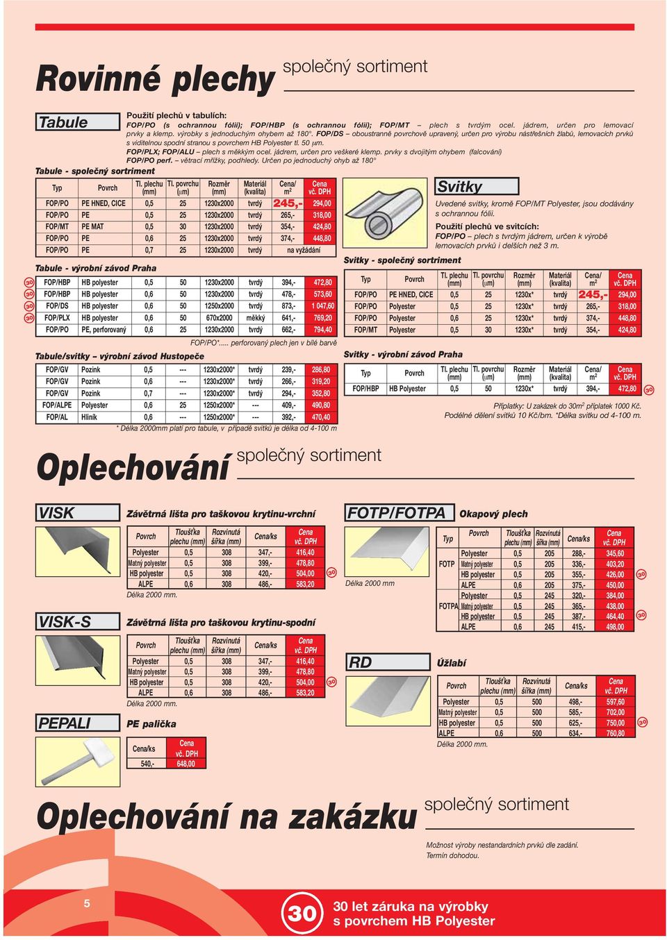 FOP/PLX; FOP/ALU plech s měkkým ocel. jádrem, určen pro veškeré klemp. prvky s dvojitým ohybem (falcování) FOP/PO perf. větrací mřížky, podhledy.