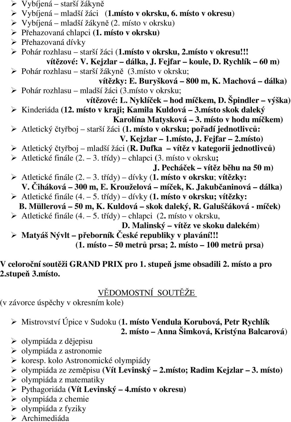 místo v okrsku; vítězky: E. Buryšková 800 m, K. Machová dálka) Pohár rozhlasu mladší žáci (3.místo v okrsku; vítězové: L. Nyklíček hod míčkem, D. Špindler výška) Kinderiáda (12.