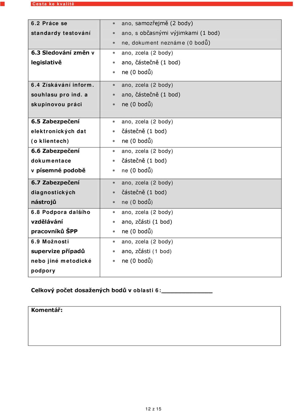 5 Zabezpečení elektronických dat (o klientech) 6.6 Zabezpečení dokumentace v písemné podobě 6.7 Zabezpečení diagnostických nástrojů 6.8 Podpora dalšího vzdělávání pracovníků ŠPP 6.