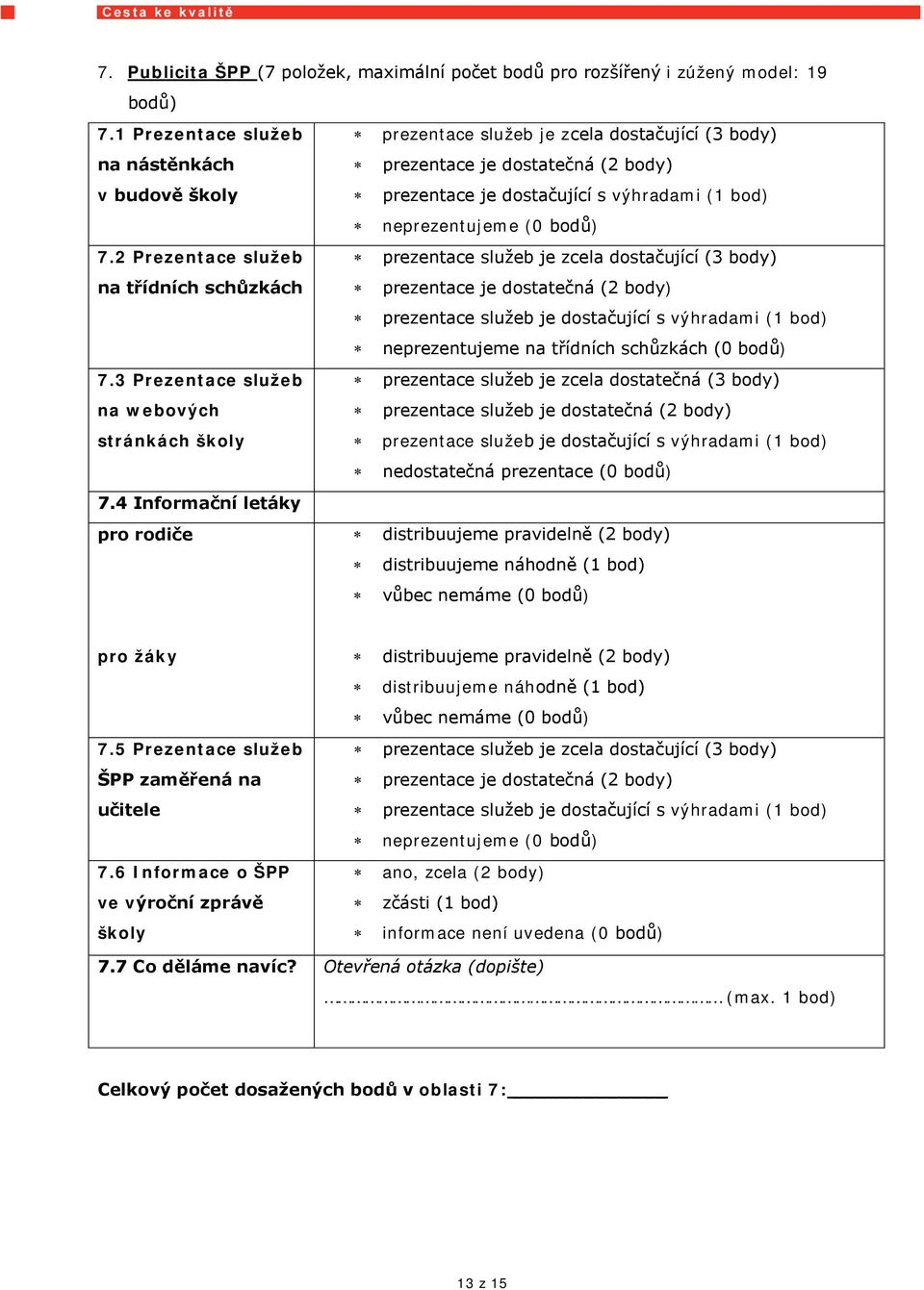 4 Informační letáky pro rodiče prezentace služeb je zcela dostačující (3 body) prezentace je dostatečná (2 body) prezentace je dostačující s výhradami (1 bod) neprezentujeme (0 bodů) prezentace