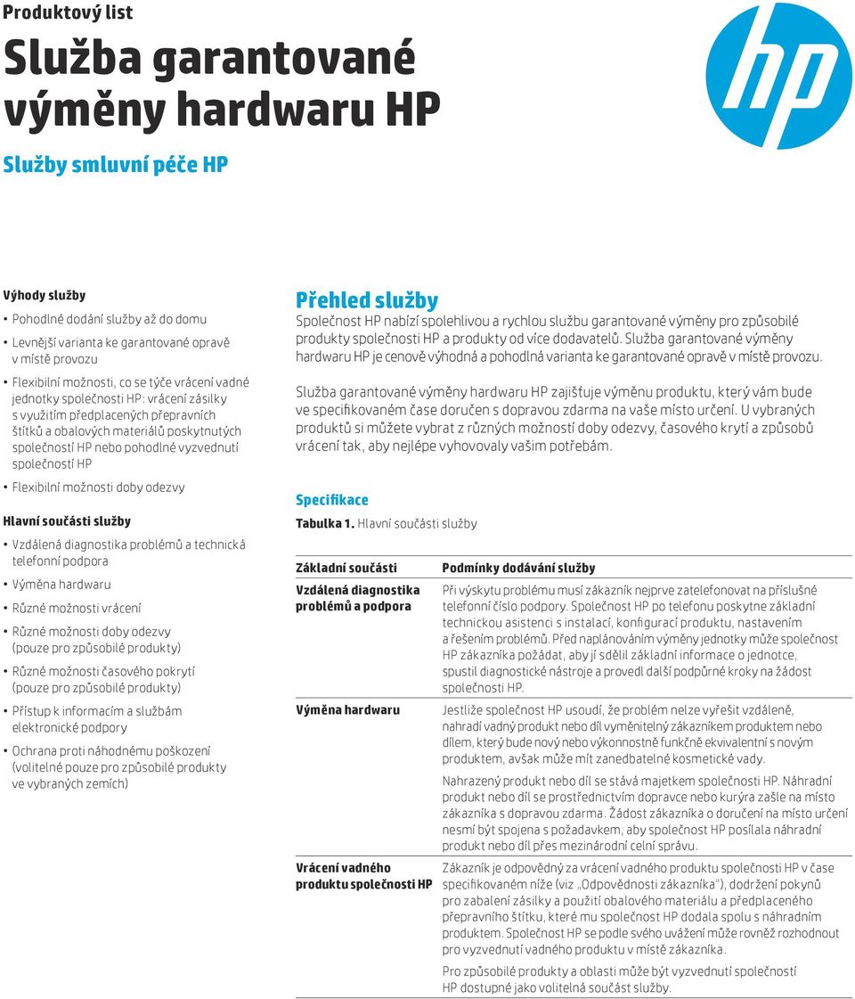 společností HP Flexibilní možnosti doby odezvy Hlavní součásti služby Vzdálená diagnostika problémů a technická telefonní podpora Výměna hardwaru Různé možnosti vrácení Různé možnosti doby odezvy