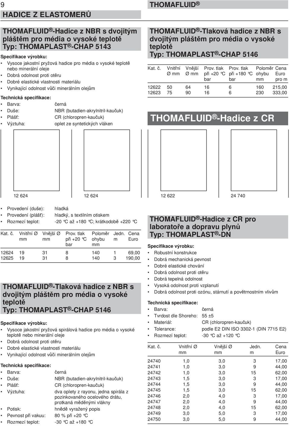 ze syntetických vláken -Tlaková hadice z NBR s dvojitým pláštěm pro média o vysoké teplotě Typ: THOMAPLAST -CHAP 5146 Kat. č. Vnitřní Vnější Prov. tlak Prov.