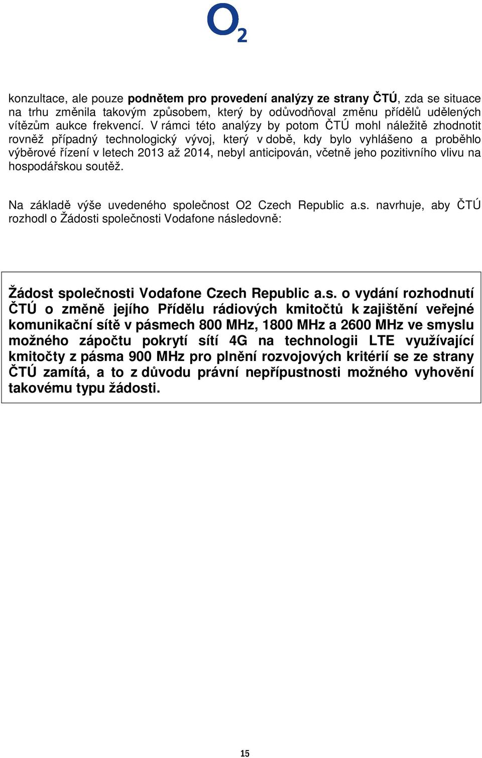 včetně jeho pozitivního vlivu na hospodářskou soutěž. Na základě výše uvedeného společnost O2 Czech Republic a.s. navrhuje, aby ČTÚ rozhodl o Žádosti společnosti Vodafone následovně: Žádost společnosti Vodafone Czech Republic a.