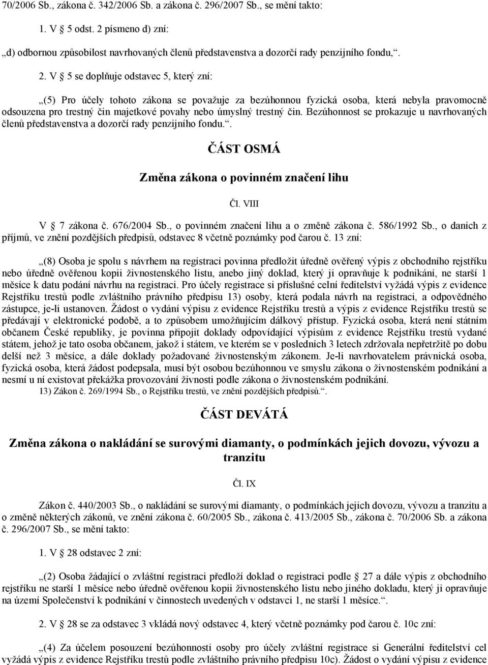 čin. Bezúhonnost se prokazuje u navrhovaných členů představenstva a dozorčí rady penzijního fondu.. ČÁST OSMÁ Změna zákona o povinném značení lihu Čl. VIII V 7 zákona č. 676/2004 Sb.