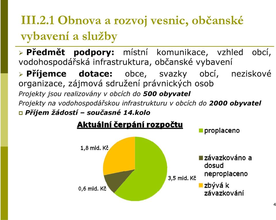 obcí, vodohospodářská infrastruktura, občanské vybavení Příjemce dotace: obce, svazky obcí,