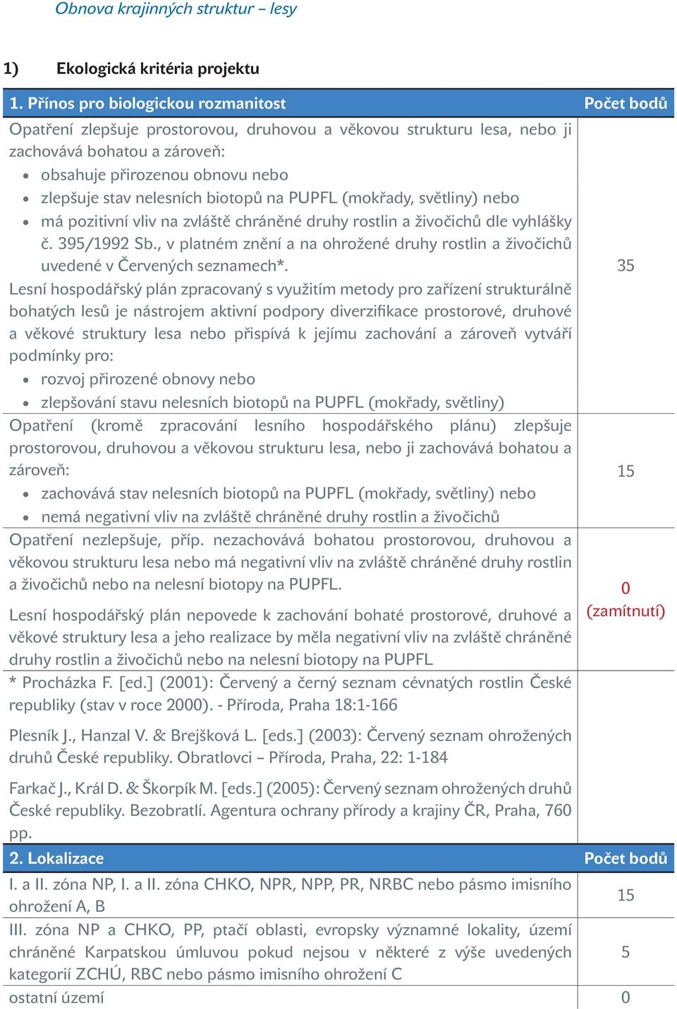 nelesních biotopů na PUPFL (mokřady, světliny) nebo má pozitivní vliv na zvláště chráněné druhy rostlin a živočichů dle vyhlášky č. 39/1992 Sb.