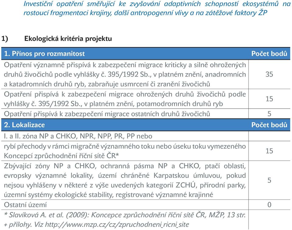 , v platném znění, anadromních 3 a katadromních druhů ryb, zabraňuje usmrcení či zranění živočichů Opatření přispívá k zabezpečení migrace ohrožených druhů živočichů podle 1 vyhlášky č. 39/1992 Sb.