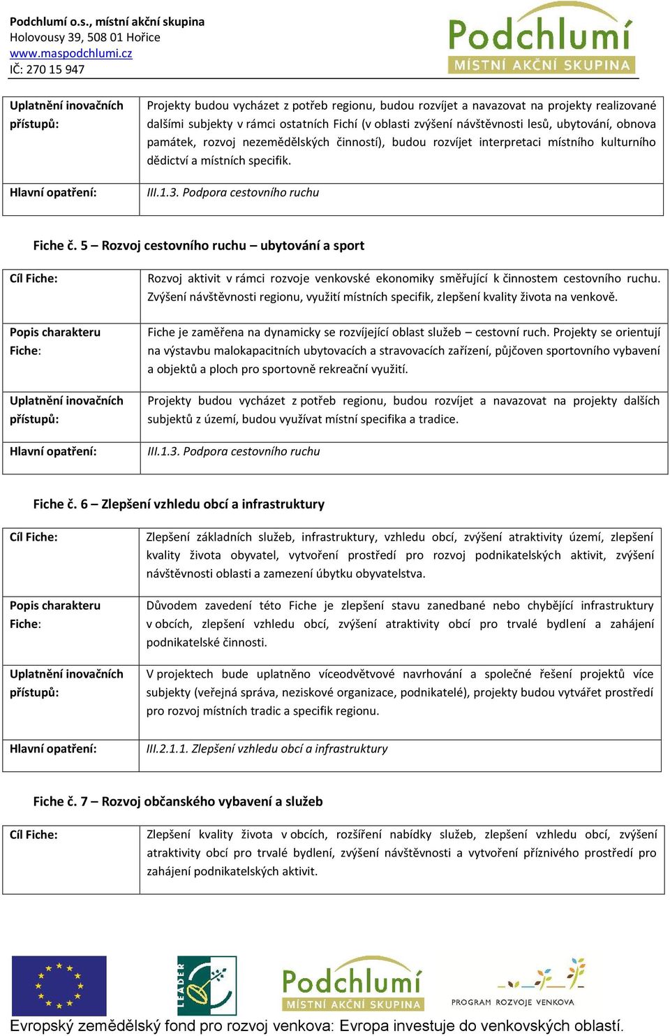 Podpora cestovního ruchu Fiche č.