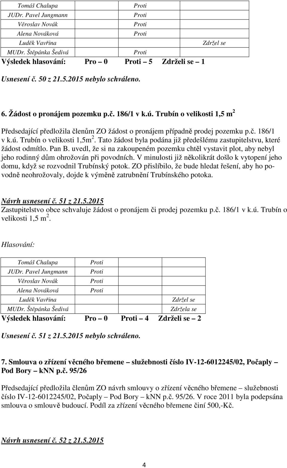 Tato žádost byla podána již předešlému zastupitelstvu, které žádost odmítlo. Pan B. uvedl, že si na zakoupeném pozemku chtěl vystavit plot, aby nebyl jeho rodinný dům ohrožován při povodních.