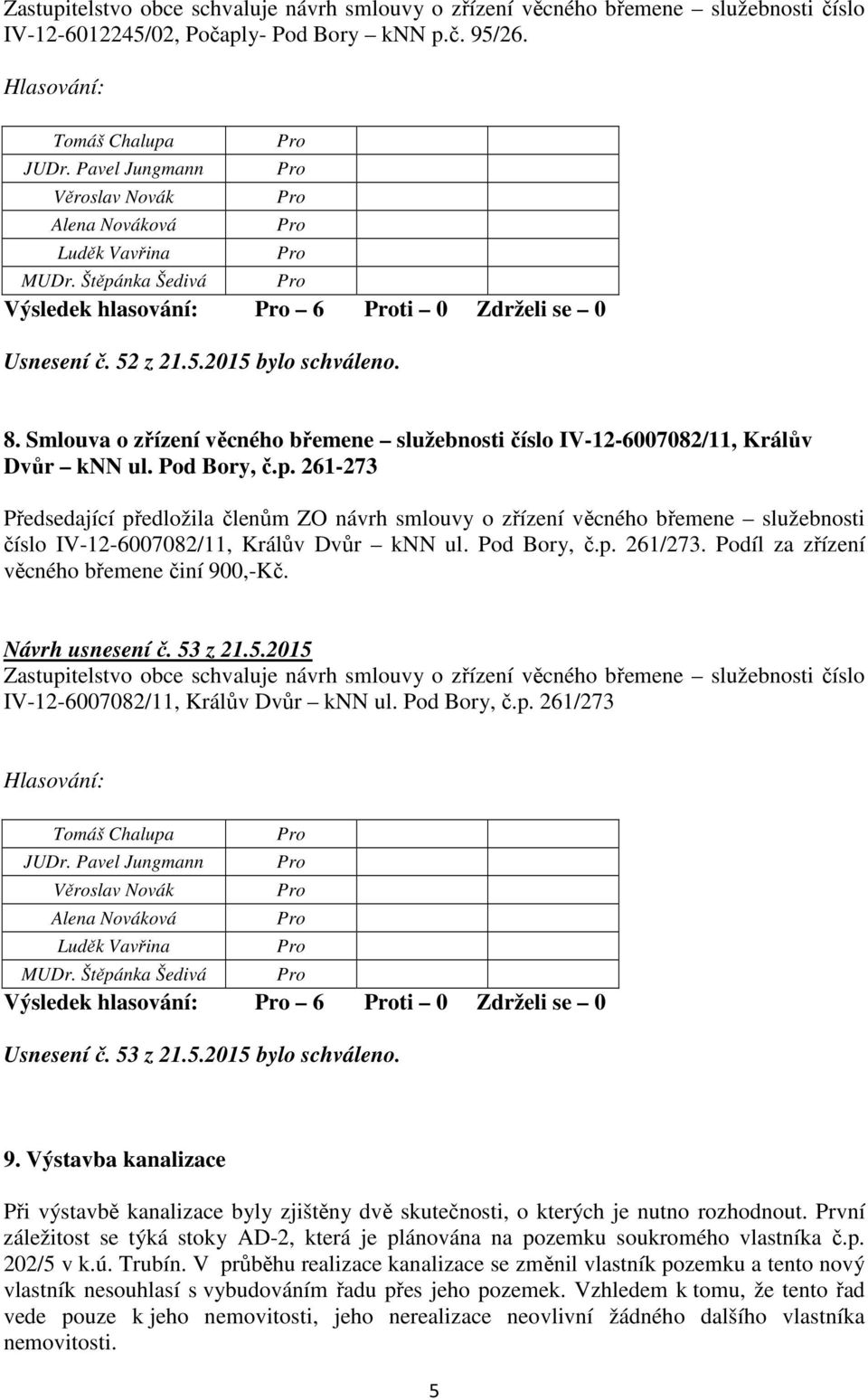 261-273 Předsedající předložila členům ZO návrh smlouvy o zřízení věcného břemene služebnosti číslo IV-12-6007082/11, Králův Dvůr knn ul. Pod Bory, č.p. 261/273.