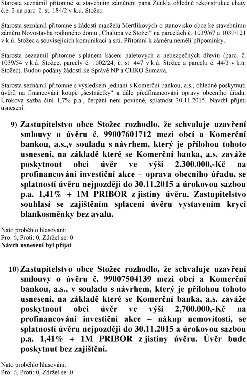 Stožec a souvisejících komunikací a sítí. Přítomní k záměru neměli připomínky. Starosta seznámil přítomné s plánem kácení náletových a nebezpečných dřevin (parc. č. 1039/54 v k.ú. Stožec, parcely č.