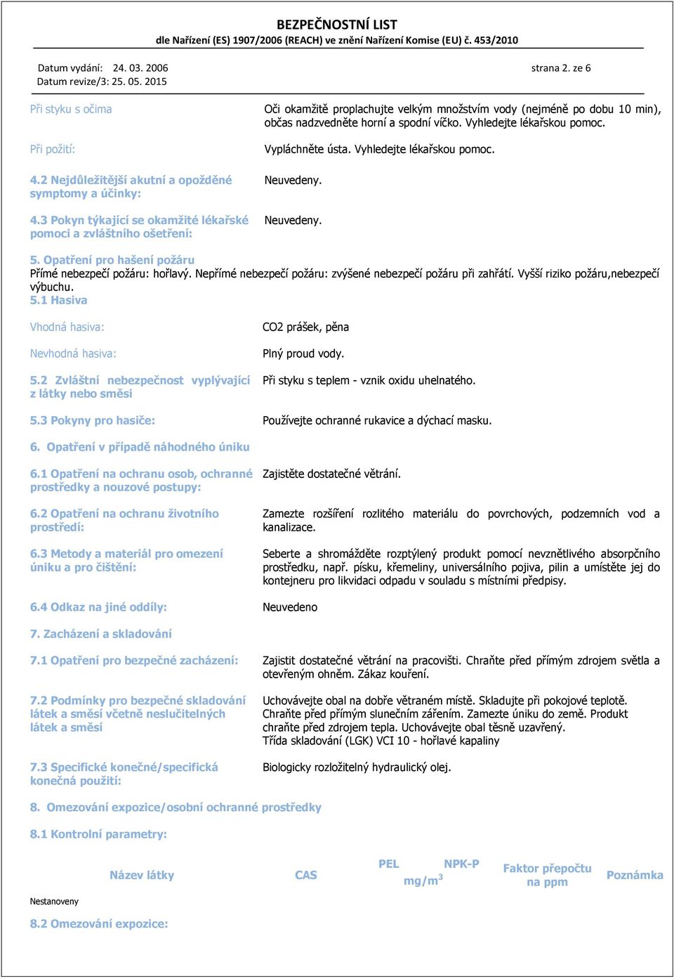 Vyhledejte lékařskou pomoc. Vypláchněte ústa. Vyhledejte lékařskou pomoc. Neuvedeny. Neuvedeny. 5. Opatření pro hašení požáru Přímé nebezpečí požáru: hořlavý.