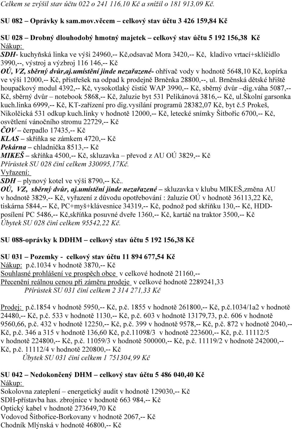 vrtací+sklíčidlo 3990,--, výstroj a výzbroj 116 146,-- Kč OÚ, VZ, sběrný dvůr,aj.