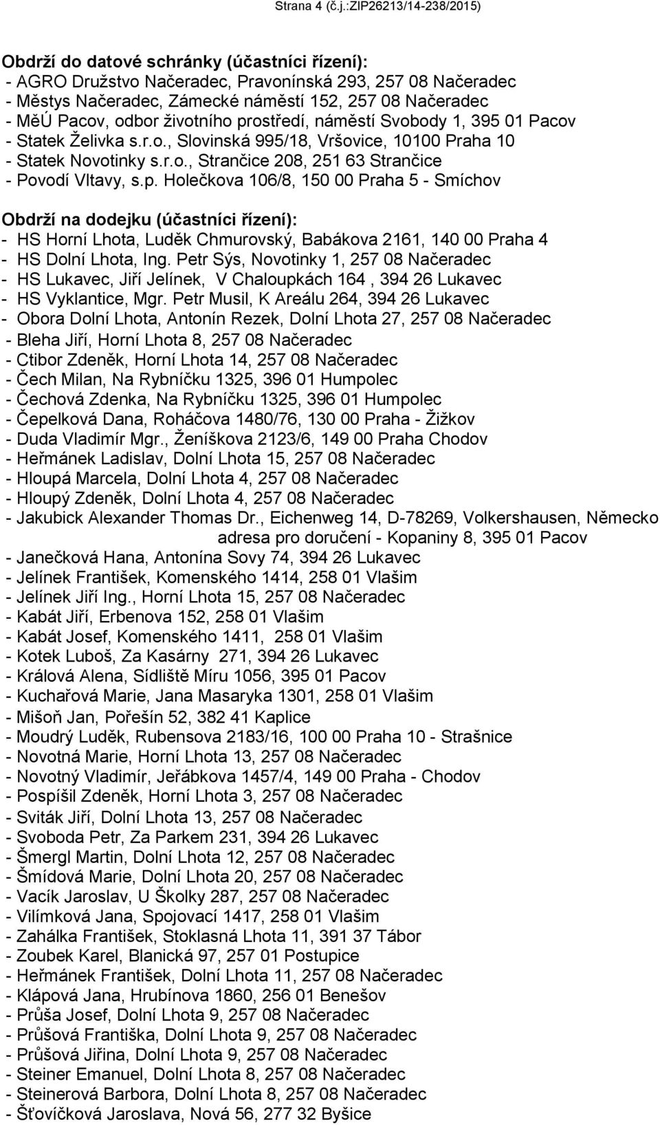 Pacov, odbor ţivotního prostředí, náměstí Svobody 1, 395 01 Pacov - Statek Ţelivka s.r.o., Slovinská 995/18, Vršovice, 10100 Praha 10 - Statek Novotinky s.r.o., Strančice 208, 251 63 Strančice - Povodí Vltavy, s.