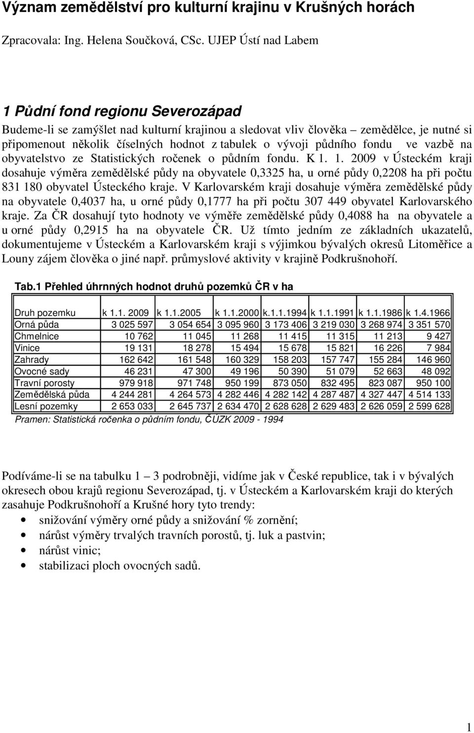 půdního fondu ve vazbě na obyvatelstvo ze Statistických ročenek o půdním fondu. K 1.