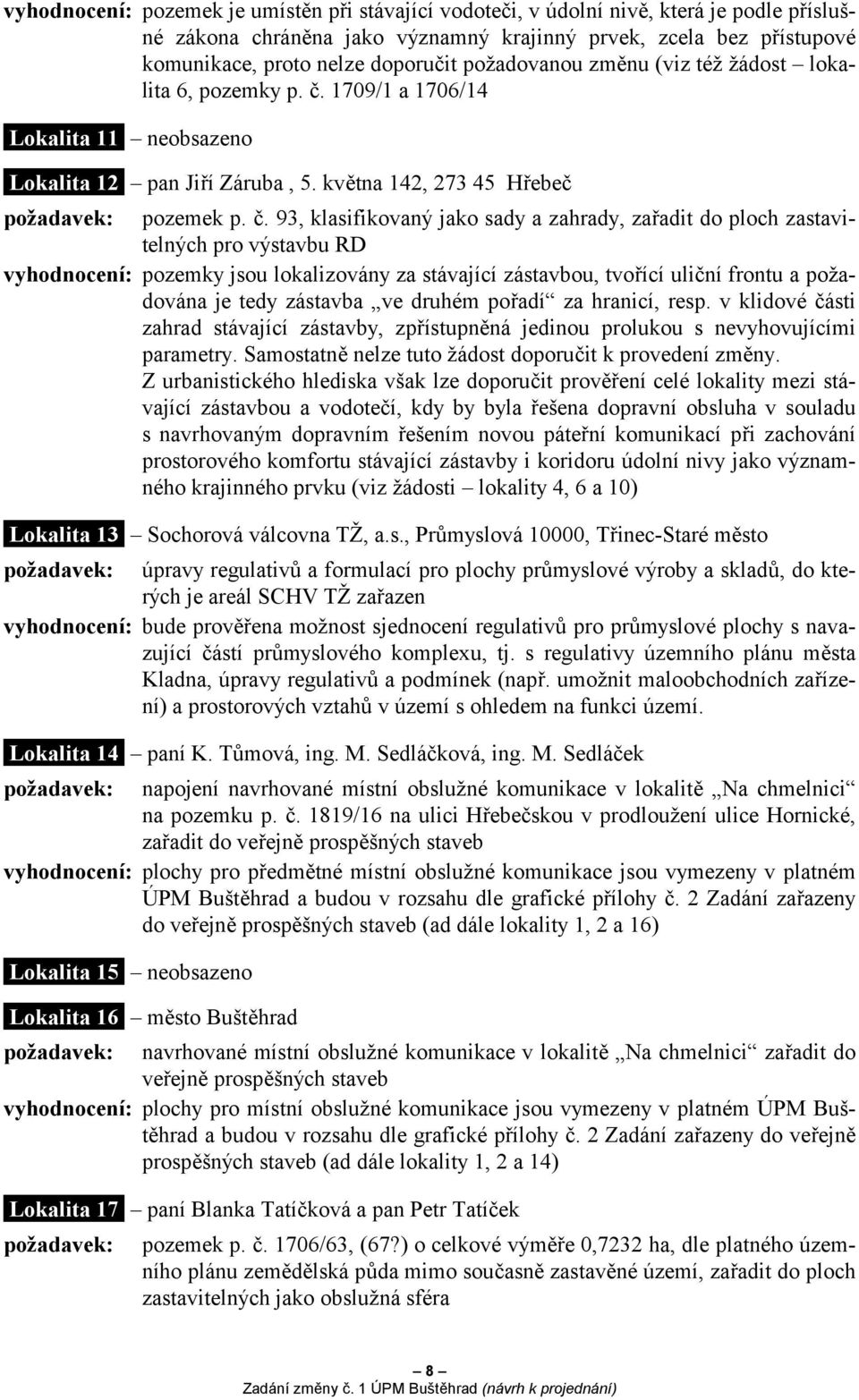 1709/1 a 1706/14 Lokalita 11 neobsazeno Lokalita 12 pan Jiří Záruba, 5. května 142, 273 45 Hřebeč požadavek: pozemek p. č.