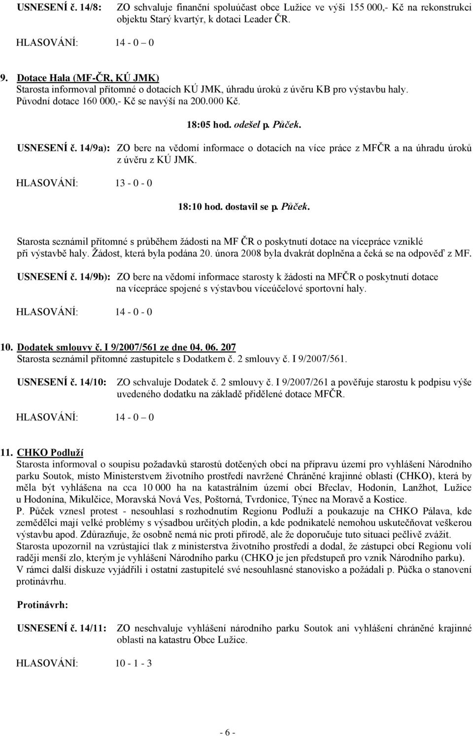 USNESENÍ č. 14/9a): ZO bere na vědomí informace o dotacích na více práce z MFČR a na úhradu úroků z úvěru z KÚ JMK. 18:10 hod. dostavil se p. Půček.
