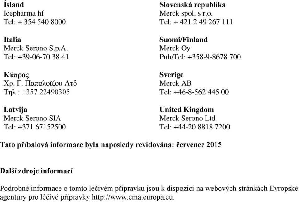 o SIA Tel: +371 67152500 Slovenská republika Merck spol. s r.o. Tel: + 421 2 49 267 111 Suomi/Finland Merck Oy Puh/Tel: +358-9-8678 700 Sverige Merck AB