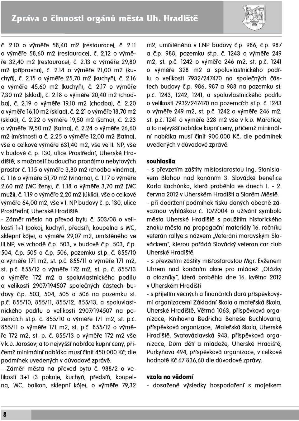2.19 o výměře 19,10 m2 (chodba), č. 2.20 o výměře 16,10 m2 (sklad), č. 2.21 o výměře 18,70 m2 (sklad), č. 2.22 o výměře 19,50 m2 (šatna), č. 2.23 o výměře 19,50 m2 (šatna), č. 2.24 o výměře 26,60 m2 (místnost) a č.